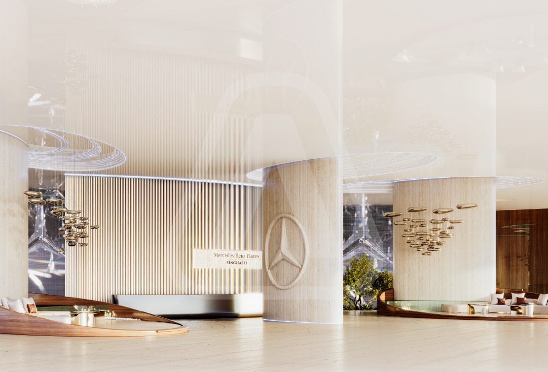 Exterior view of Mercedes-Benz Places | Binghatti luxury residences in Downtown Dubai with a backdrop of the iconic Burj Khalifa.